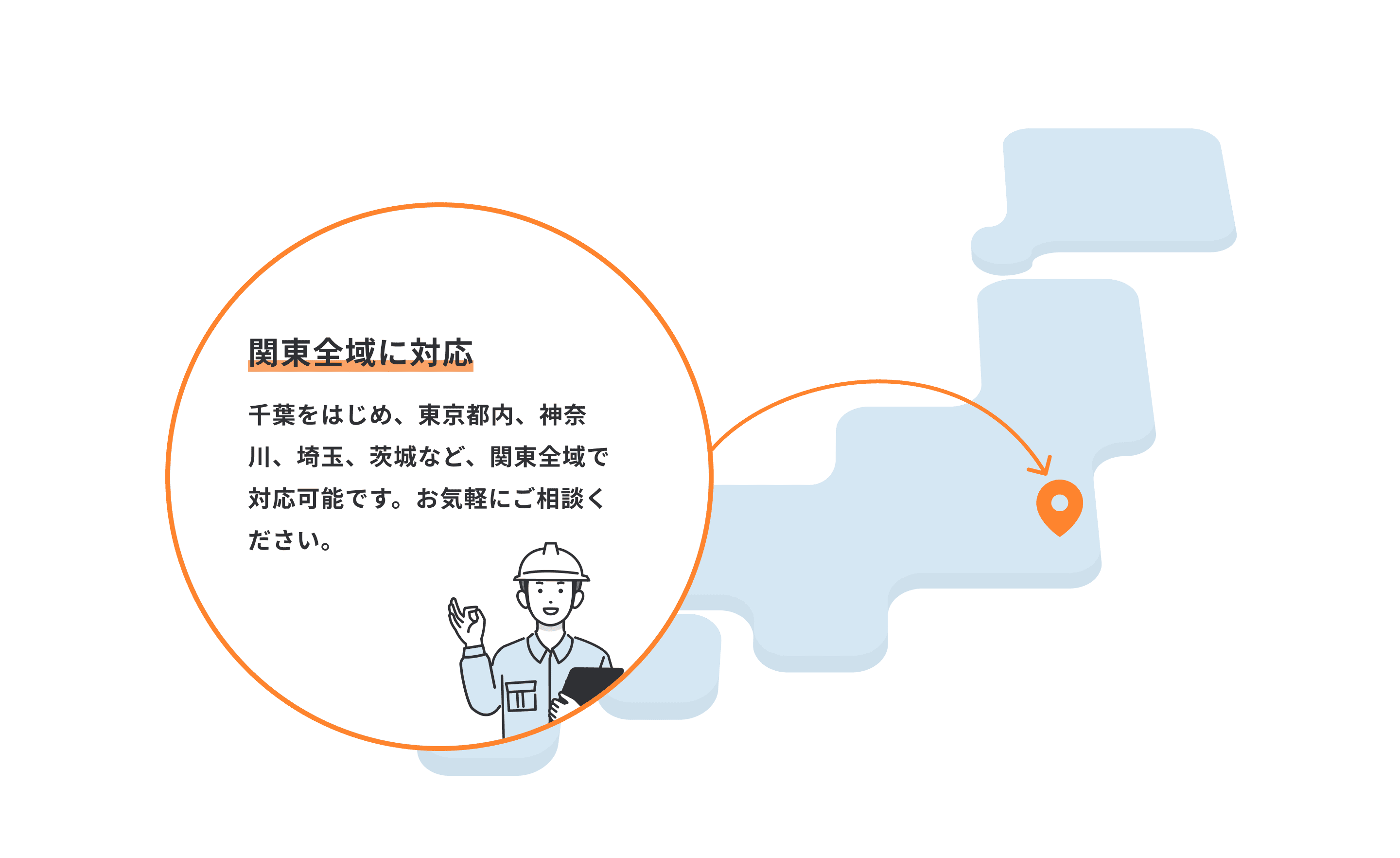 関東全域に対応 千葉をはじめ、東京都内、神奈川、埼玉、茨城など、関東全域で対応可能です。お気軽にご相談ください。